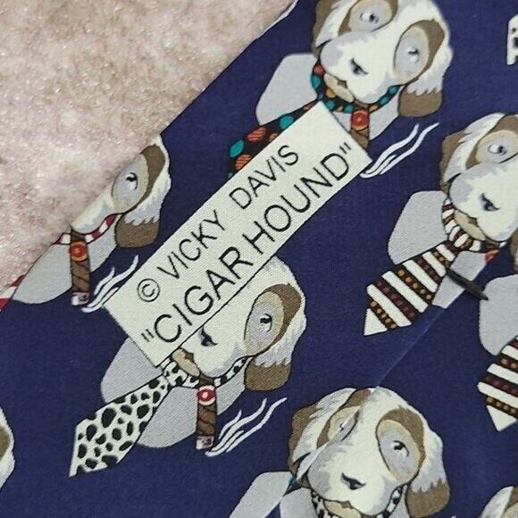 Vicky Davis "Cigar Hound" Dog Print Men's 100% Silk Classic Necktie - Picture 4 of 8